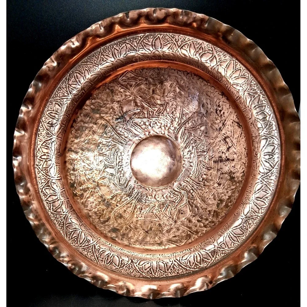 Vintage Embossed Copper Pedestal Compote Bowl w/Scalloped Edge